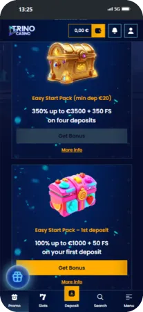 Download Trino Casino app bonus screen with Easy Start Pack and first deposit rewards