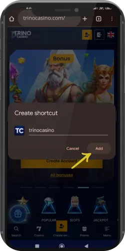 Trino Casino app icon setup via Chrome browser menu