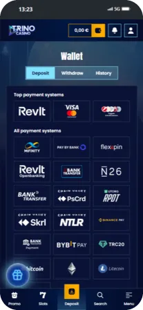 Trino casino download wallet section showing multiple UK deposit methods