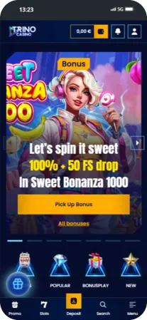 Trino casino app homepage with Sweet Bonanza promotion banner