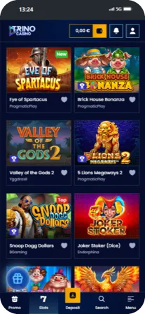 TrinoCasino app android slots lobby featuring Eye of Spartacus and Bonanza games
