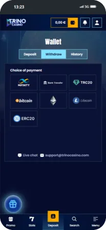 TrinoCasino ios withdrawal page with bank transfer and crypto options